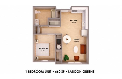 Floor plan for 1 bed, 1 bath, 660 sqft
